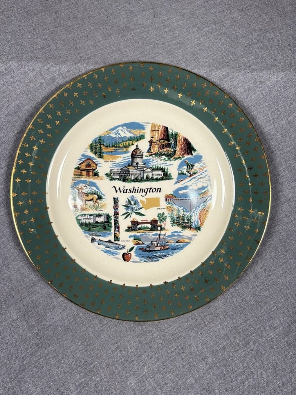 Vintage Homer Laughlin Washington State Souvenir Plate Gold Gilt Rim 10 inch